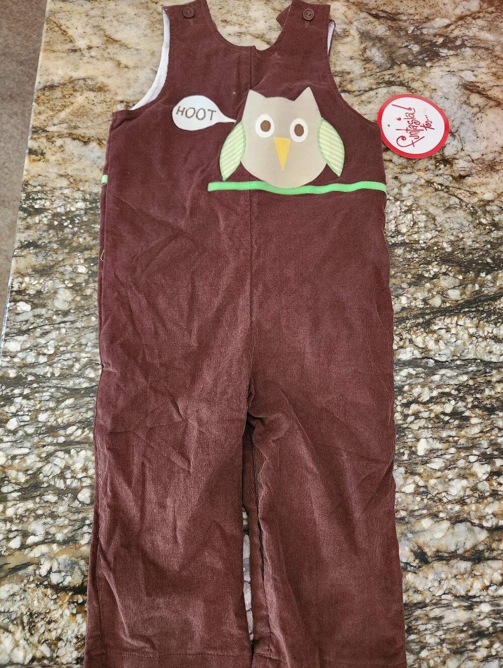 Brown Owl Corduroy Kids Overalls with Green Trim